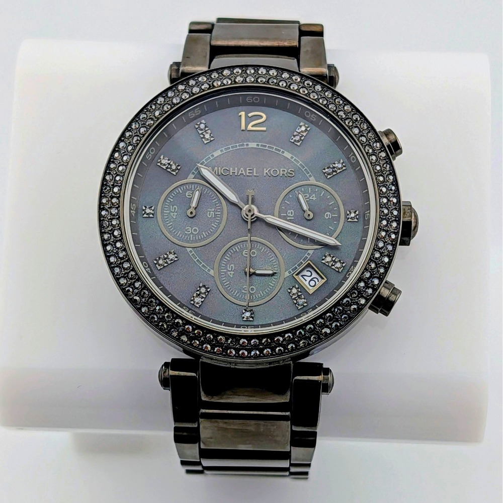 Michael Kors MK6265 Gunmetal IP Chronograph Dark MOP Crystal Bezel Watch 39mm